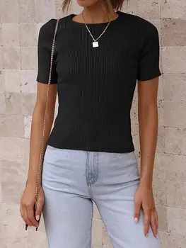 Дамски основни трикотажни тениски в рубчик, обикновена ежедневни летни потници, приталенные блузи с къс ръкав за градинска дрехи, эстетичная облекло Y2k