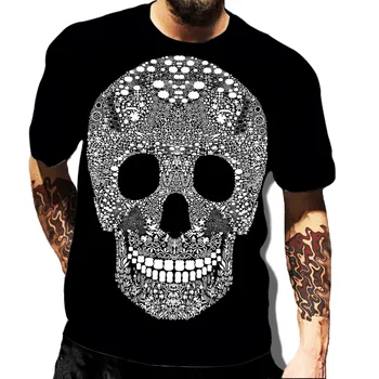 Проста и атмосферни тениска с изображение на череп за мъже, лятна тениска с 3D принтом в стил пънк, модерна черна тениска с къси ръкави от полиестер, различни размери c