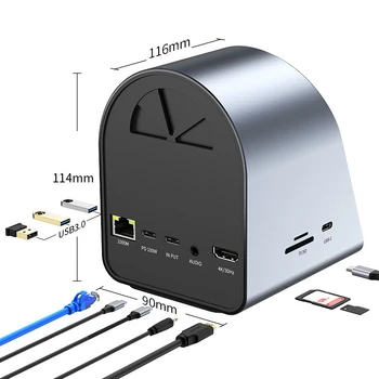 10 В 1 C USB Хъб Type C От 3.0 До 4K HD Адаптер С RJ-45 Устройство за четене на карти SD/TF PD Бързо Зареждане С безжично зареждане от 15 Вата USB Сплитер