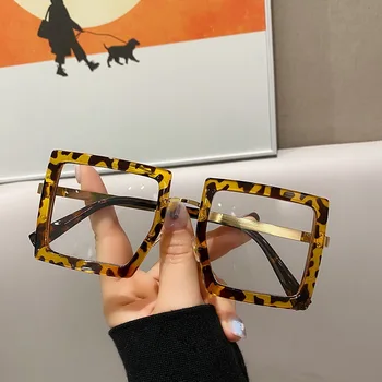 2023 Леопардовые очила голям размер За жени и мъже В дебела рамка, квадратни очила с защита от сините лъчи, Луксозни прозрачни компютърни очила