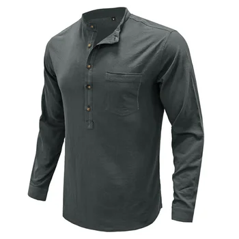 2023 Пролет-есен памучен бельо риза с висока яка, Мъжки блузи с дълъг ръкав, Блузи, широки ризи, Мъжки дрехи