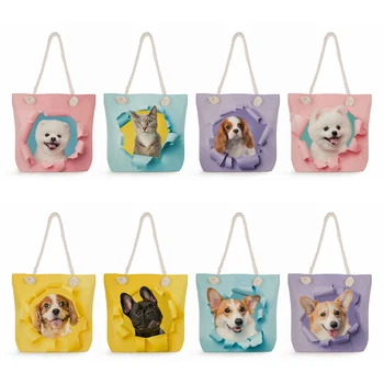 3D моделиране, Триизмерна Женствена чанта през рамо с принтом сладък котки и кучета, Плажни пътни чанти, Дамски чанти-тоут за пазаруване