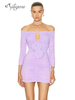 Ailigou 2023 Ново Лятно дамско Секси мини рокля с открити рамене и дълъг ръкав в сгъвката с 3D цветя, в Елегантна вечерна рокля знаменитост