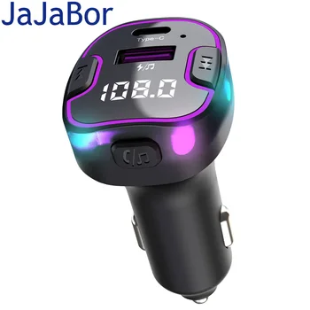 JaJaBor Безжичен FM-предавател USB 3.1 A Type C Зарядно Устройство за Кола за MP3 плейър Цветни Светлини, Bluetooth Hands Free Комплект за Кола
