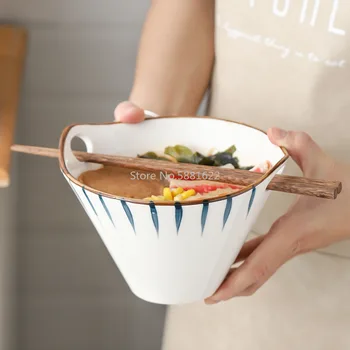 Japonês pintados à mão cerâmica tigela de macarrão dupla orelha pauzinhos arroz tigela de sopa de casa japonesa tigela