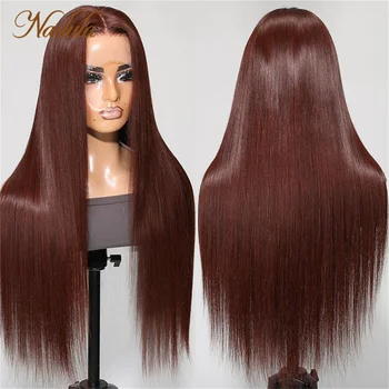 Nadula Hair 13X4 Перука Дантела Отпред Цвят на Шоколад, Мока, Копринена Пряка Човешка Коса с Цвят на Ръжда 150% Плътност