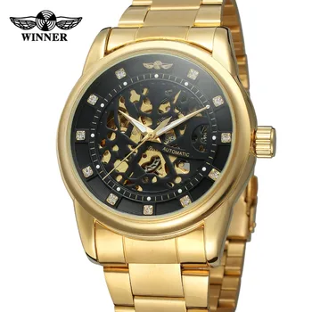 WINNER Класически Златни черен часовник-скелет от неръждаема стомана Модерен дизайн на Мъжки механични часовници на Най-добрата марка на Луксозни Montre Homme