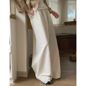 Бели Панталони-карго Женски Американски Широки панталони с висока Талия Y2K, Модерен Ретро Женски Есента дизайн, обикновена прави панталони