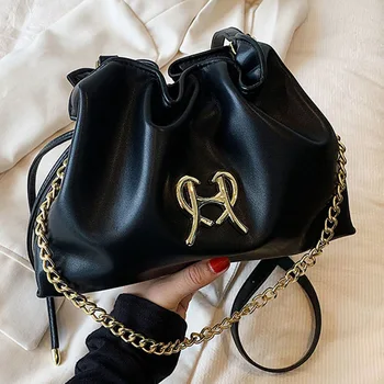 Брандираната дизайнерска дамска чанта за през рамото от изкуствена кожа, ежедневна чанта през рамо с веригата, чанта кофа