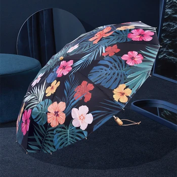 Ветрозащитный, който предпазва от uv Ретро-чадър с три складывающимися цветя за жените, 16 ребра, улични чадъри с дървена дръжка, луксозни чадъри, подарък