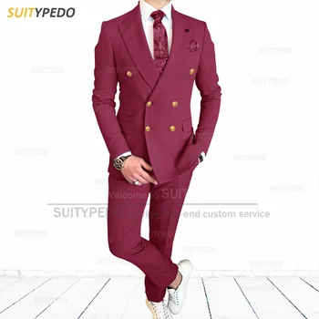 Вино-червено Мъжки костюм, Приталенные комплекти, Нов Двубортный Бизнес официален костюм, Сако за сватбени партита, панталони за младоженеца, Комплект дрехи от 2 теми