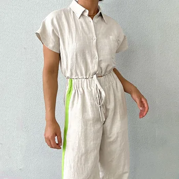Дамска пижама от две части, изработени от памук и лен, Съкратен топ, Панталон и Блуза, Комплект дамски летни дрехи в корейски стил, Домашно облекло 2023