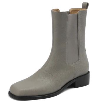 Дамски ботильоны от естествена кожа, Тенденции 2023 г., в Есенно-зимната Къса обувки, Женски, черно-сиви обувки в западен Стил, Удобни Големи размери