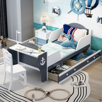 Двойно легло във формата на лодка, уникална легло на платформа с две чекмеджета, Двойно легло с бюро и стол за спални, детски спални