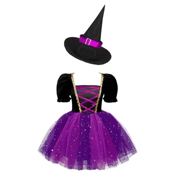 Детски костюм на Вещица за Хелоуин за момичета, cosplay, карнавальное празнична рокля с ръкави-мехурчета, лъскава окото пакетче със заострена шапка