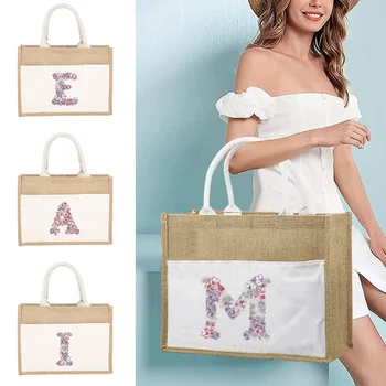 Джутовая чанта, Бельо чанта през рамо, чанти с букви, състояща се от цветя и пеперуди, Женствена чанта за пазаруване, Ламинирани торбички 2023