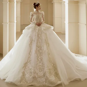 Елегантна Сватбена рокля с високо воротом Изискан Лукс Vestido De Noiva Princesa, Ново Сватбена рокля с Дълги ръкави и пайети, Сшитое по Поръчка