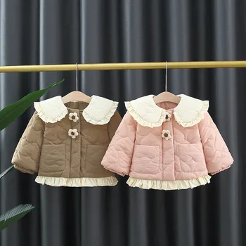 Есенно-зимния ново однотонное памучно палто с голяма яка-къси ръкави за момичета, детски зимата бархатное памучно палто с дървени уши