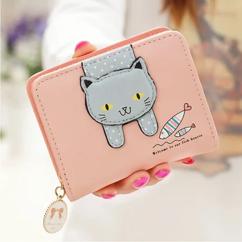 Жена чантата със сладък котка, Малка чантата си, за момичета с цип, Модерен женски портфейл от изкуствена кожа, дамски портфейл за карти