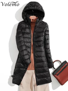 Зимни Дамски якета, Дълго ультралегкое Коварен Ежедневното палто, Пуховик, Тънка парка с качулка на якето на утином топола, Дамски