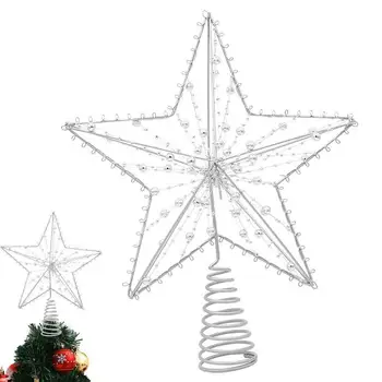 Златни и сребристи орнаменти с 5-спот звезда на върха на дървото с подсветка За Коледно парти Празничен декор