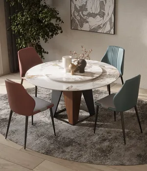 Италиански Лесен Луксозна маса за хранене върху каменната плоча и комбинация от стола, модерен и лесен маса за хранене със завъртане на масата