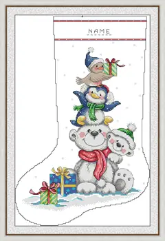 Комплект за бродерия на кръстат бод Joy Неделя с предварително отпечатан, прост модел, Комплект за бродиране от тисненой тъкан Aida-Коледни чорапи-полярна мечка