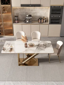 Лесен луксозна маса за хранене, правоъгълна и е с минималистичен, нова комбинация маса за хранене и столове от неръждаема стомана за домашна употреба