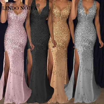 Луксозна вечерна рокля LINDO NOIVA с висока цепка за жени 2023, вечерни рокли за абитуриентски и сватбени партита с V-образно деколте и без ръкави, с дължина до пода