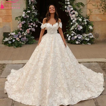 Луксозни Сватбени рокли с флорални дантели, с открити рамене, Трапецовидна форма, Сватбени рокли Принцеса, Vestido De Noivas chic ZW1079