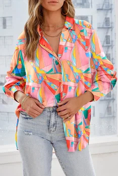 Многоцветен риза Оверсайз с абстрактен геометричен принтом, Блуза, Дамски ежедневни меки тениски, Дамски връхни облекла в стил харадзюку