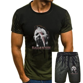 Мъжка тениска за Хелоуин, Майкъл Майерс отблизо с нож, черна тениска