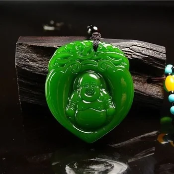 Натурален нефритови Зелен Медальон Ръчна изработка с много любов и смее Буда Моден бутик бижута За мъже и жени Колие Подарък аксесоари
