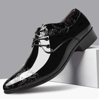 Нови кожени обувки в бизнес стил с ярко лице, Модни и ежедневни обувки за улицата, Мъжки обувки за сватба на дантела-голям размер