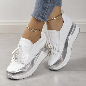 Новост 2023 г., Пролетно-есенна модни Дамски обувки сребрист цвят на платформа, Дамски обувки на люлка, Дамски обувки на плоска подметка