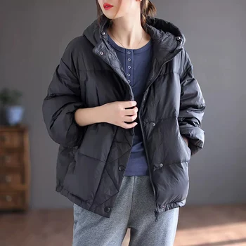 Палто в Корейски стил, Дамско яке с 90% бял Утином топола, Без Ежедневно яке с Голям размер, есенно-зимна топла горна дреха с качулка, якета