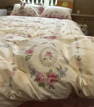 Ретро комплект спално бельо sweet rose flower pink за момичета, пълен комплект спално бельо twin queen, king, ретро хлопчатобумажный домашен текстил, чаршаф, калъфка за възглавница, одеяло стеганое