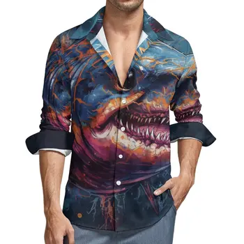 Риза с акули, пролетни фантастична гротеска ежедневни ризи, мъжки свободни блузи с дълъг ръкав, стилни дрехи големи размери