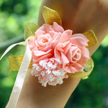 Розови цветя от пяна за младоженци, Корсаж за китката шаферките, гривна с панделка за сватбени партита, Сватбена украса