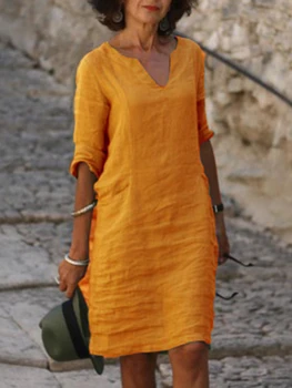 Рокли midi, семиточечный ръкав, през цялата силует, однотонное лятна рокля за жените 2023, Удобно облекло за почивка и пътуване до работа за жени
