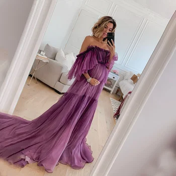 Рокля за фотография на бременни с открити рамене и цветове, с дълъг ръкав, Трапециевидное лилава рокля с ампирной талия, Вечерни един коктейл рокля от органза за гостите на сватбата