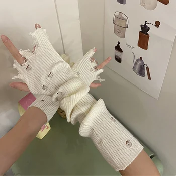 Ръкавици без пръсти със счупени дупки, Корейски скъсани пънк-Реколта Y2K, Готически маншет, Плетени Ръкави, с окъсани дупки, Колоездене ръкави