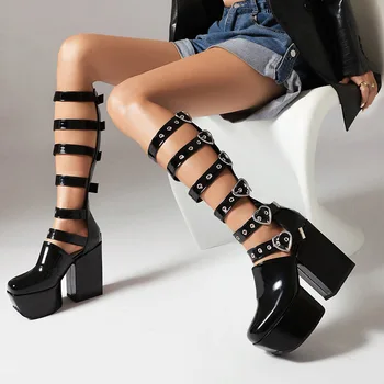 Секси издълбани обувки в стил пънк, мотоциклетни ботуши, с метална катарама на колана, увеличаване на растежа, утягивающие ботуши на висок ток