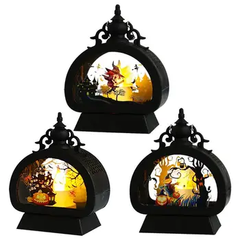 Фенер в готически стил за Хелоуин, Преносим ретро фенер с led свещ, Черен замък, Тиква, Фенер за Вещици, Интериор за празници