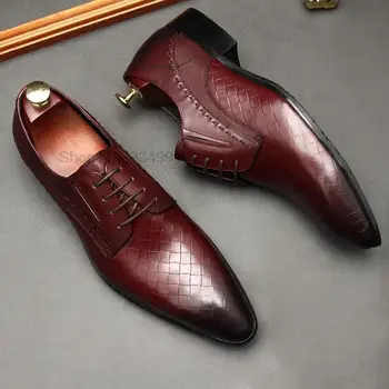 Черни, вино-червено мъжки модел обувки-Oxfords от естествена кожа с остри пръсти, дантела, Офис Бизнес сватбени обувки в клетка за мъже